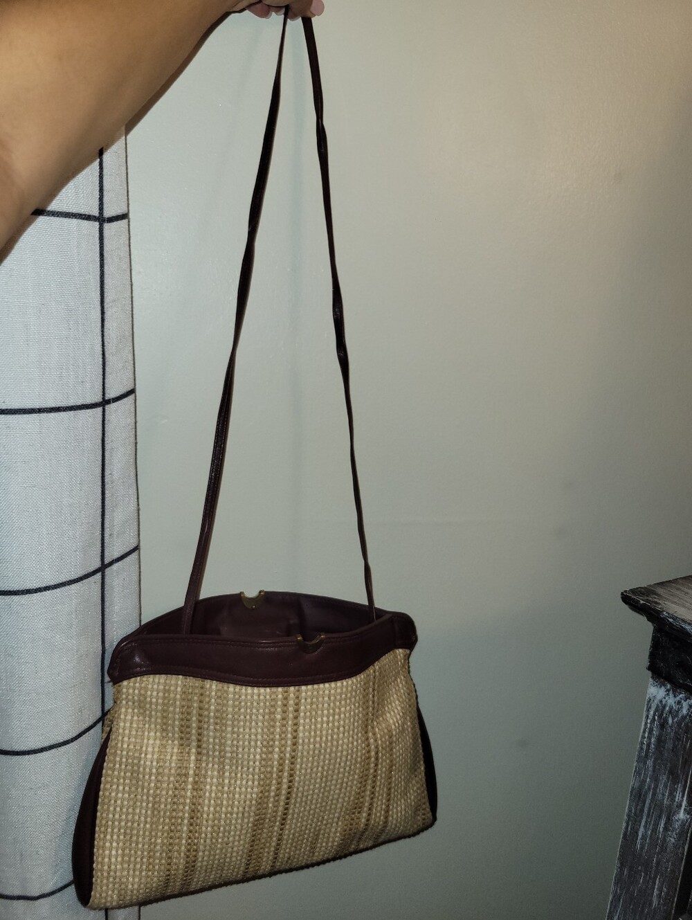 Etienne Aigner Beige Straw Shoulder Bag with Brown Trim